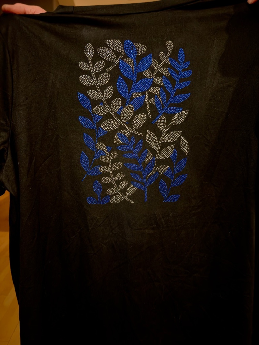 Women’s Black T-Shirt with Front flattering cutouts. Back Crytal Design XXL